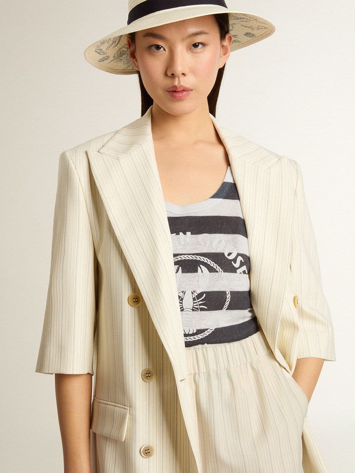 Golden Goose - Women's white and blue striped linen jersey top with lobster print in 