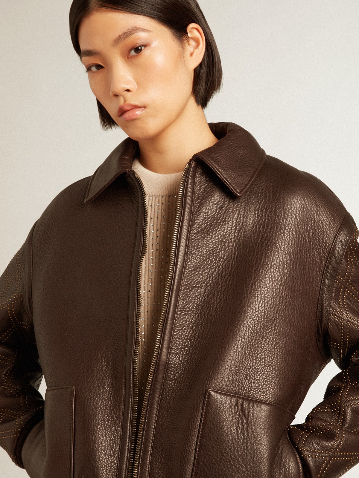 Golden Goose - Brown nappa leather jacket with studded sleeves in 