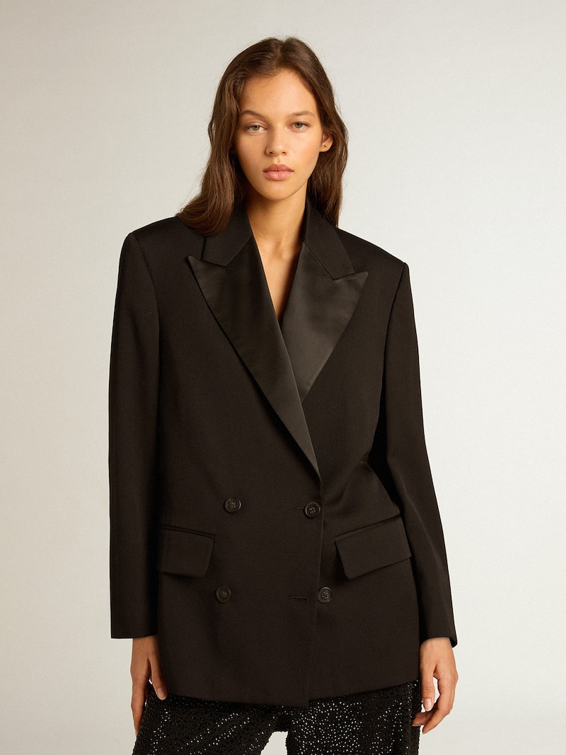 Golden Goose - Schwarze Damen-Smokingjacke aus Wollgabardine in 