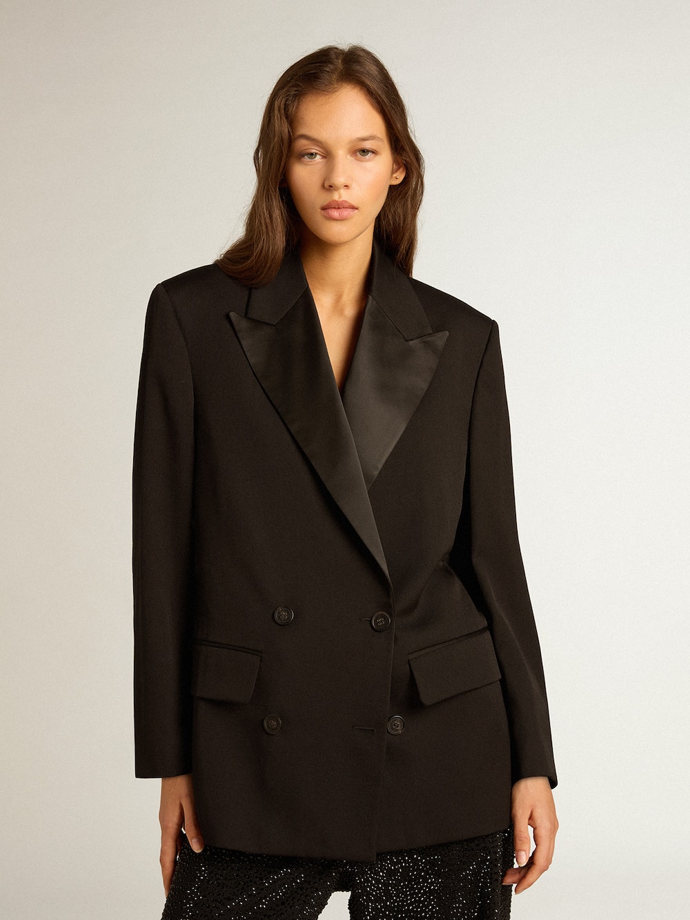 Golden Goose - Women’s tuxedo jacket in black wool gabardine in 