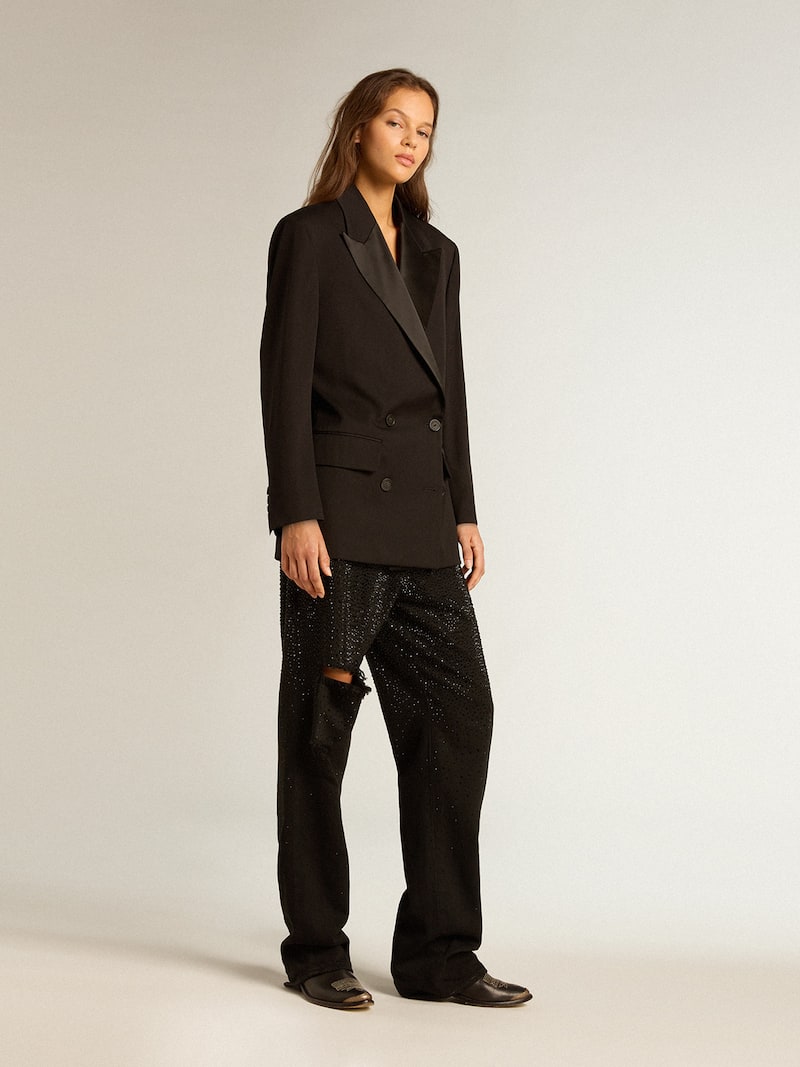 Golden Goose - Schwarze Damen-Smokingjacke aus Wollgabardine in 
