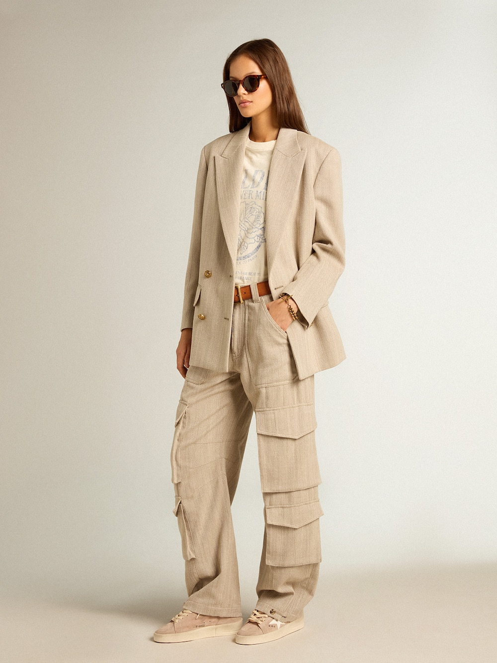 Golden Goose - Women's dark olive-colored cotton cargo pants with a herringbone design in 
