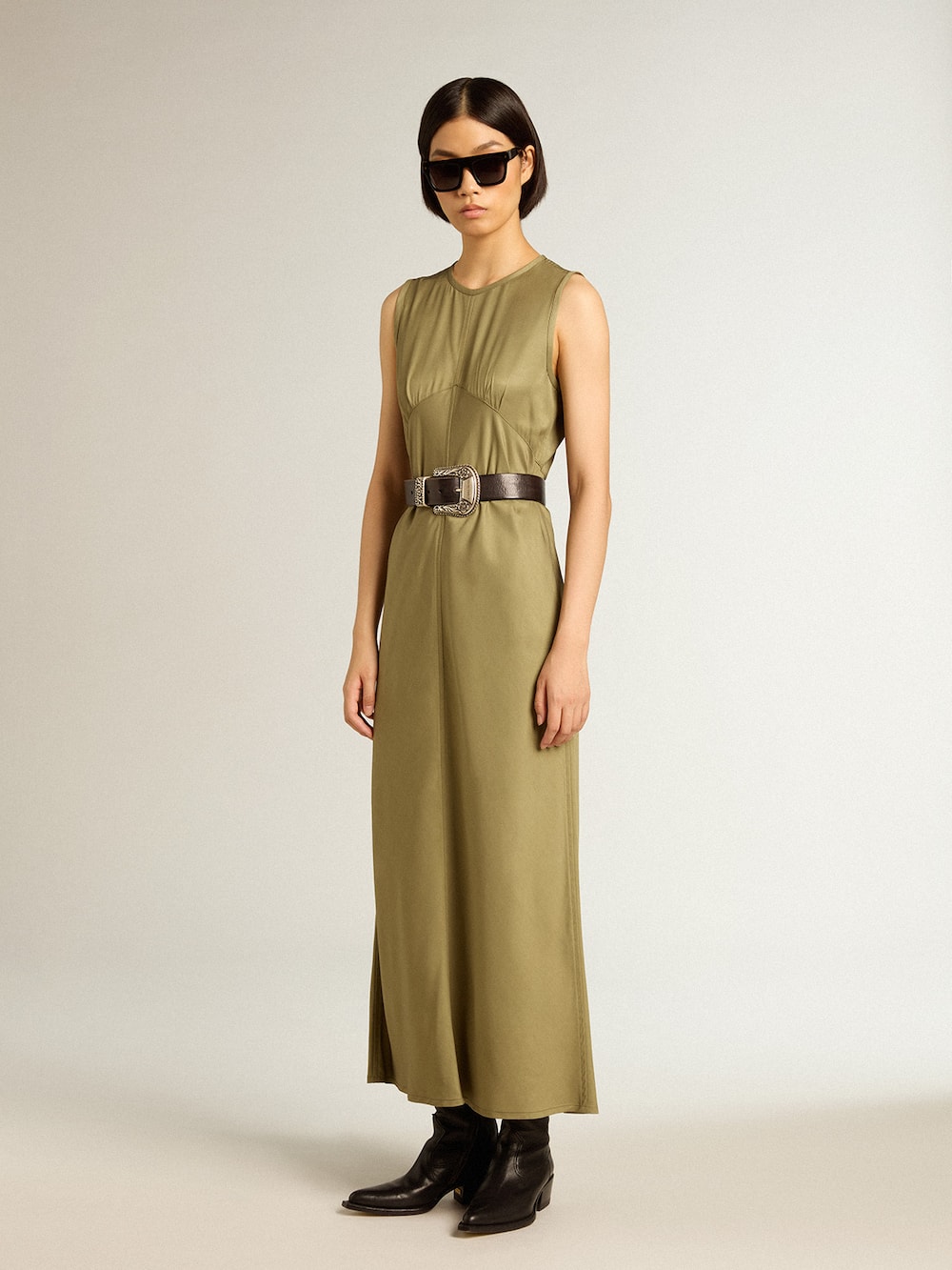 Golden Goose - Vestito midi da donna di colore oliva con chiusura a zip sul retro in 