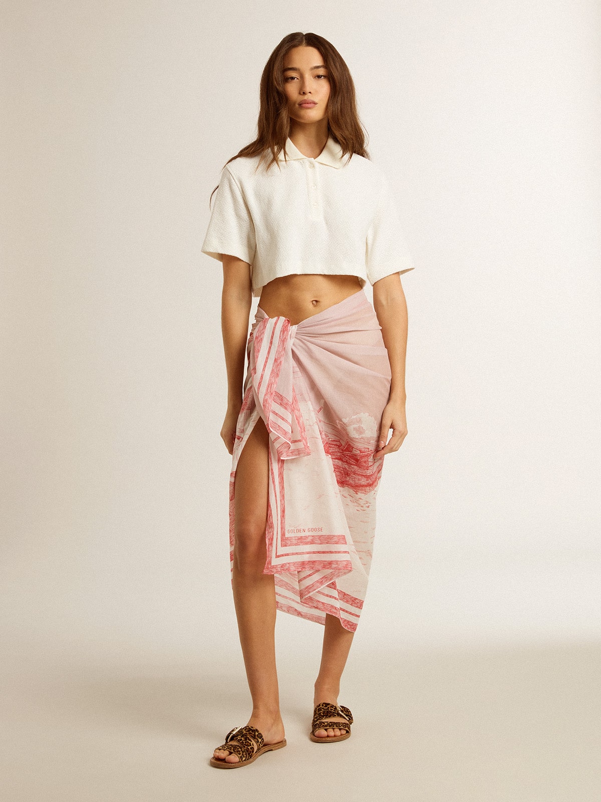 Golden Goose - Sarong in cotton voile with all-over cream and red print in 