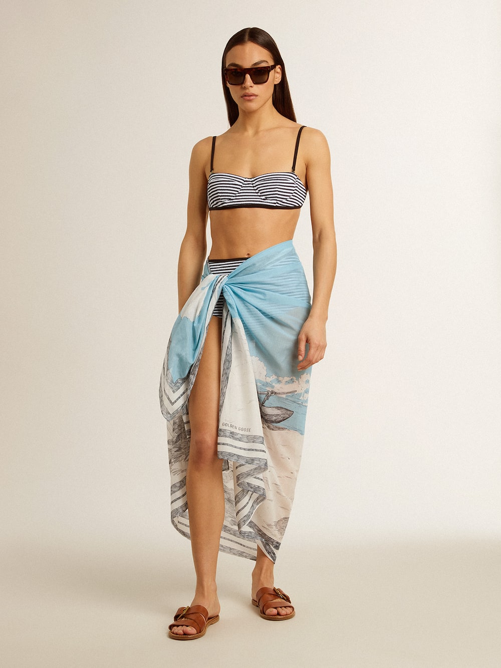 Golden Goose - Sarong in cotton voile with all-over cream and light blue print in 