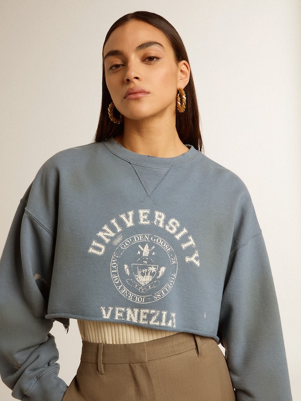 Golden Goose - Cropped sweatshirt in baby blue with distressed finish in 