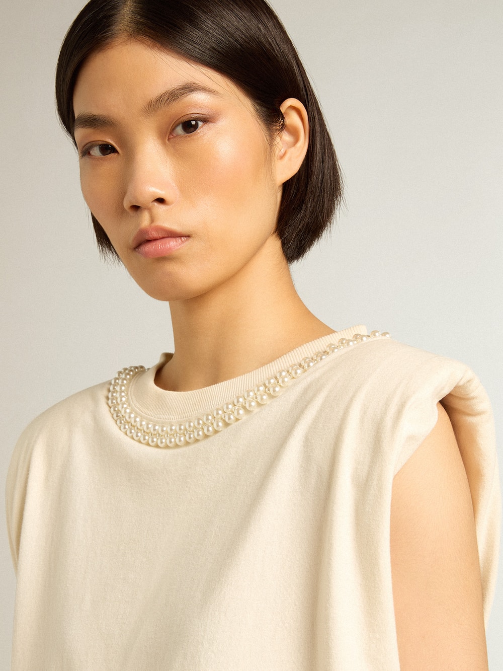 Golden Goose - Aged white sleeveless T-shirt with pearl embroidery in 