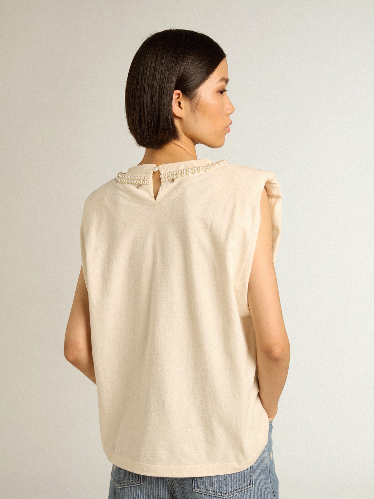 Golden Goose - Aged white sleeveless T-shirt with pearl embroidery in 