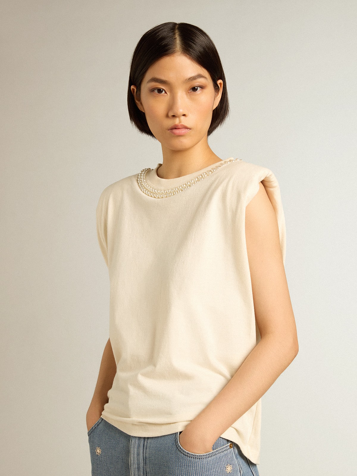 Golden Goose - Aged white sleeveless T-shirt with pearl embroidery in 