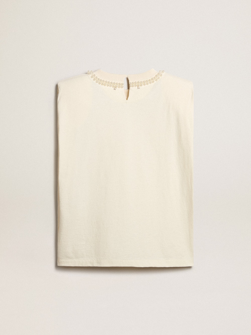 Golden Goose - T-shirt smanicata color bianco vissuto con ricamo in perle in 