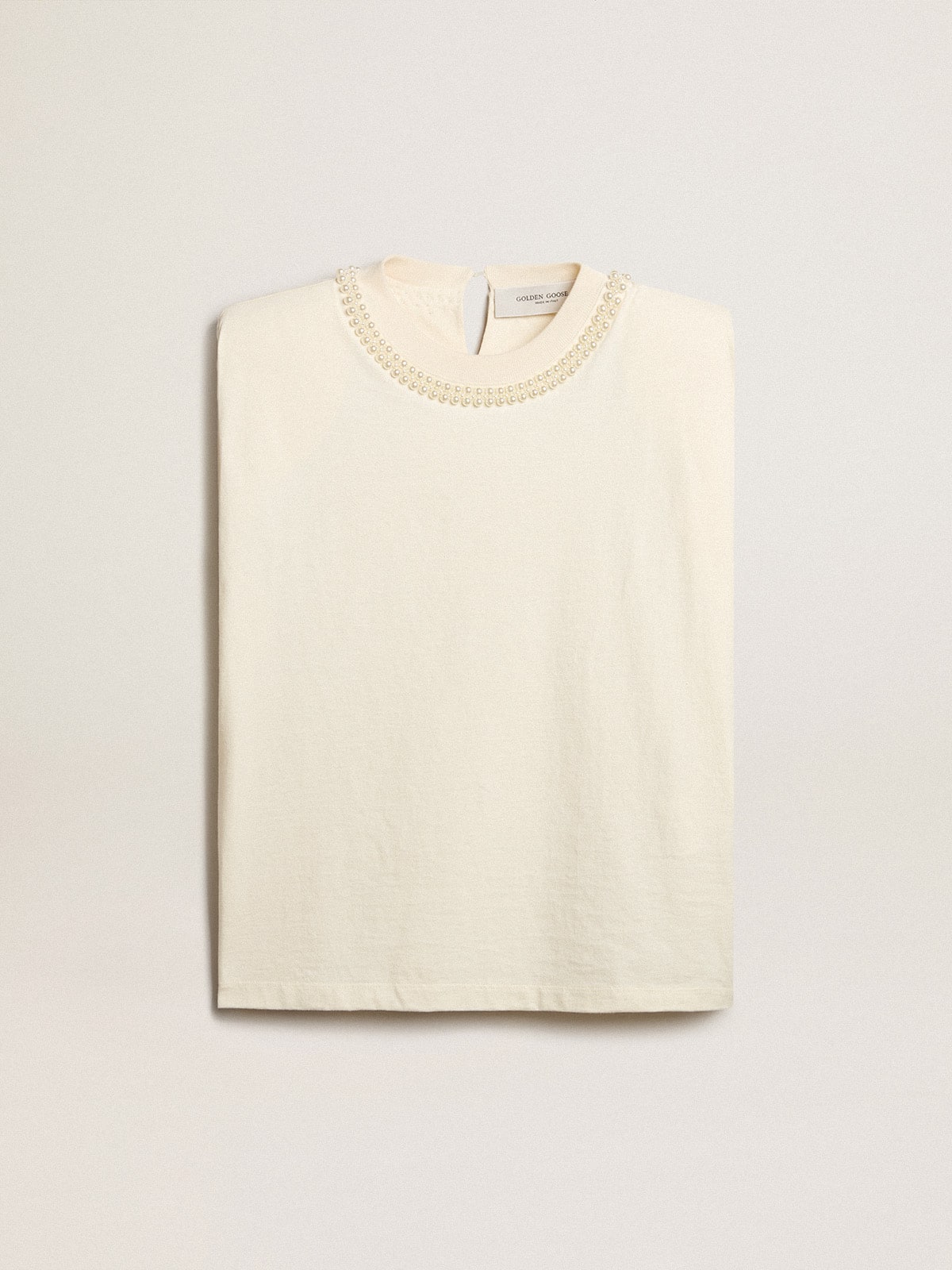 Golden Goose - Aged white sleeveless T-shirt with pearl embroidery in 