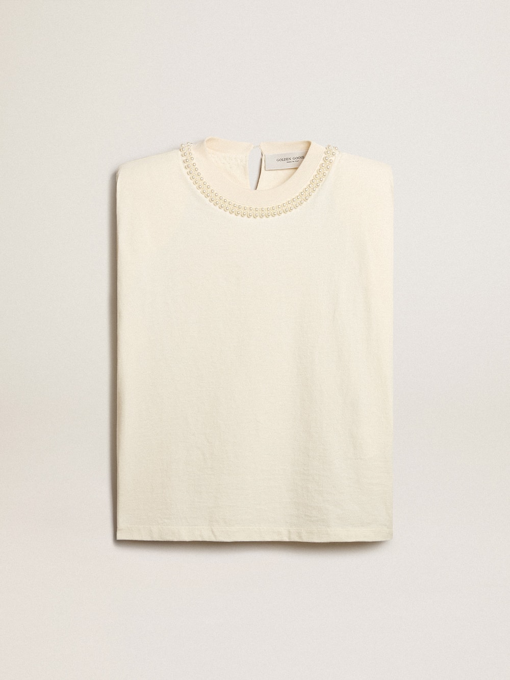 Golden Goose - T-shirt smanicata color bianco vissuto con ricamo in perle in 