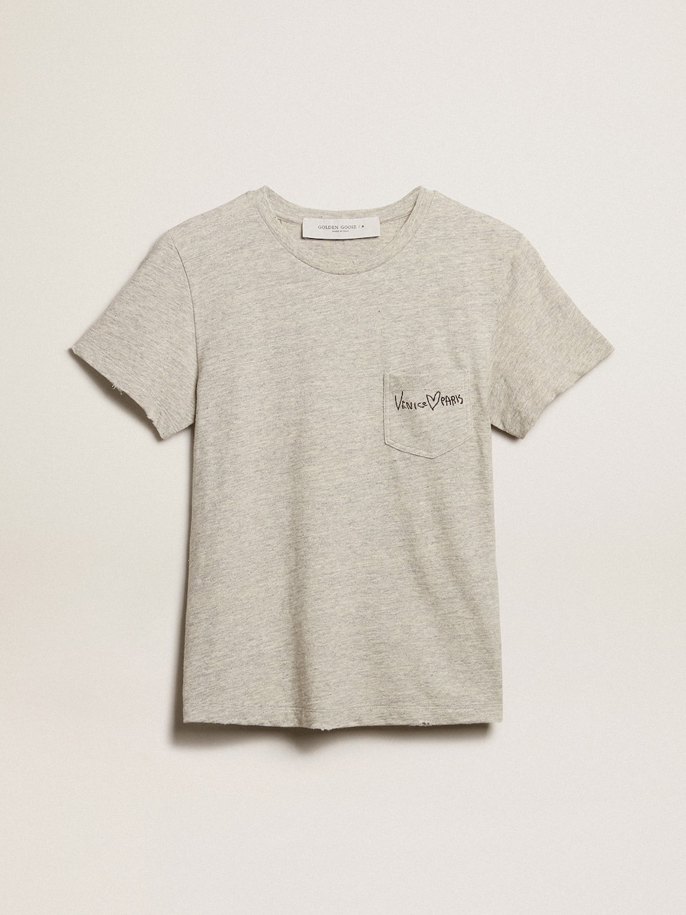 Golden Goose - T-Shirt da donna in cotone color grigio melange e scritta ricamata in 