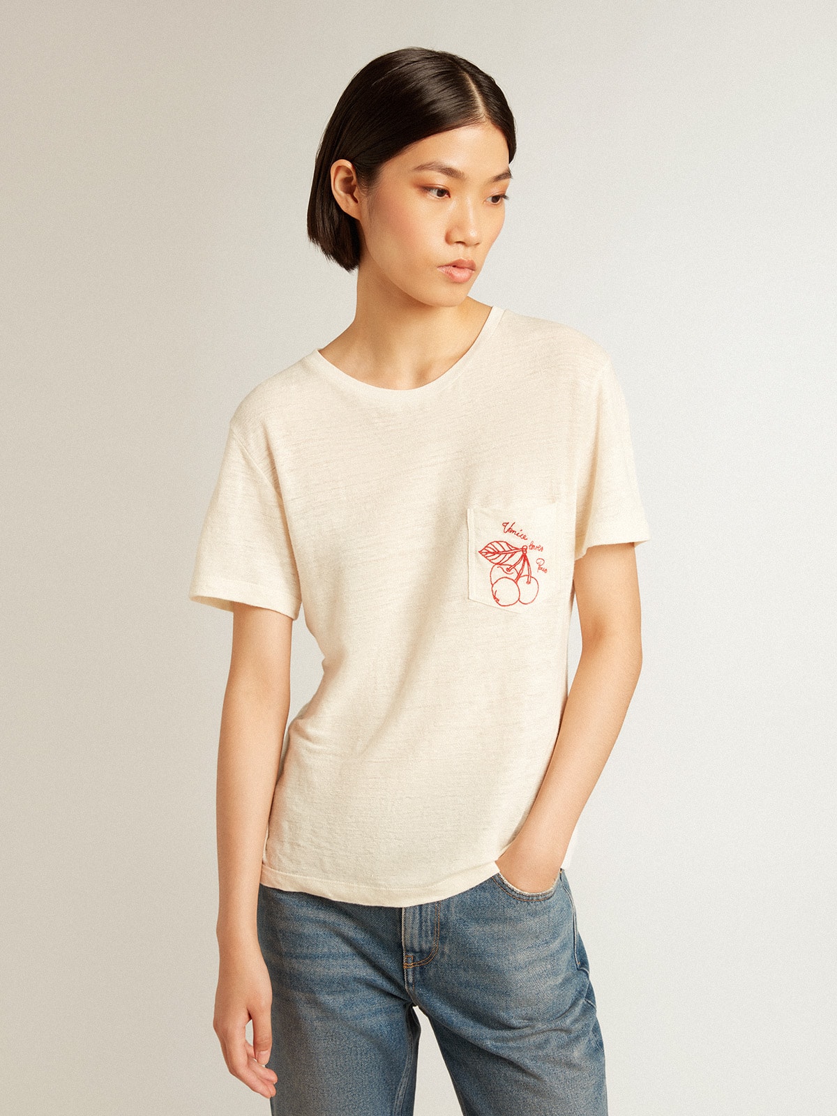 Golden Goose - Women’s cotton T-shirt in aged white with embroidered pocket in 