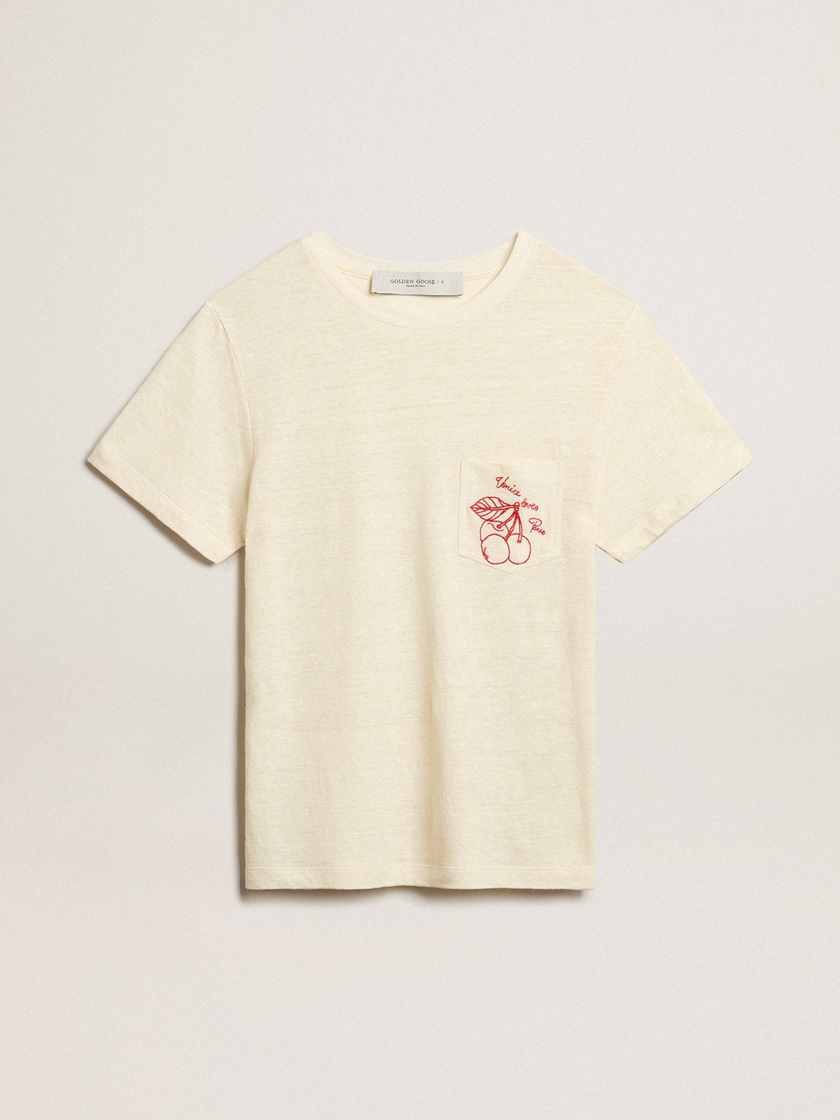 Women s cotton T shirt in aged white with embroidered pocket Golden Goose