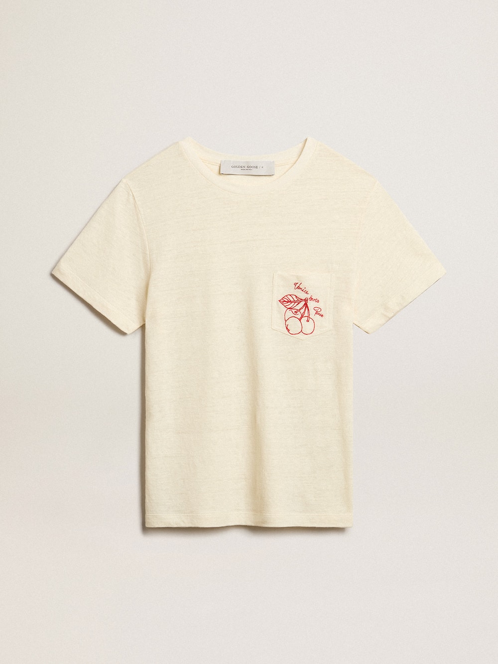 Golden Goose - Camiseta de mujer en algodón color blanco envejecido y con bolsillo bordado in 