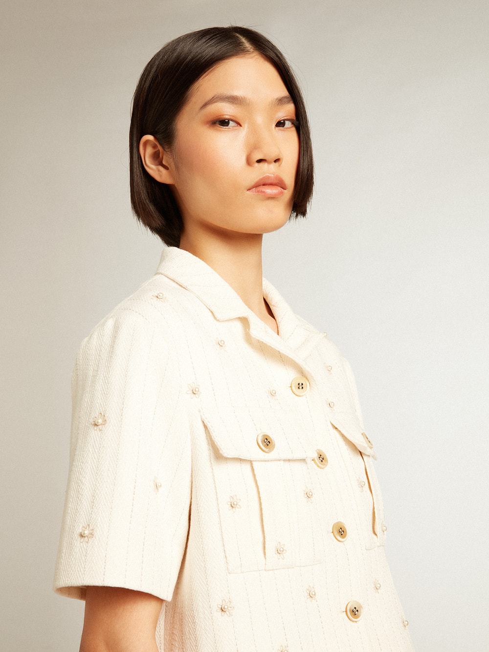 Golden Goose - Aged white jacket in pinstripe cotton with all-over floral embroidery in 