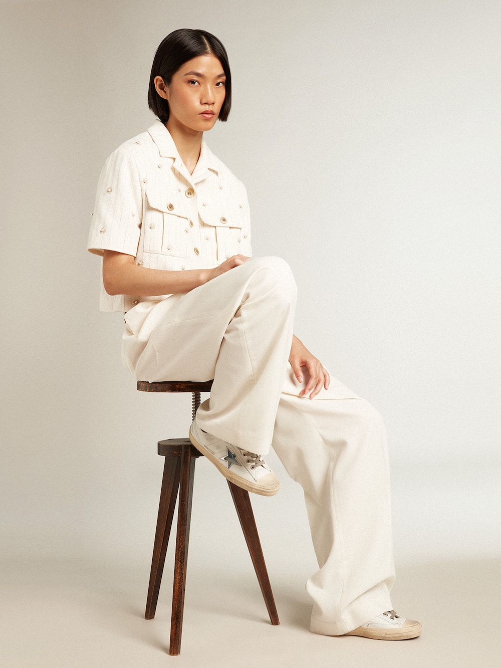 Golden Goose - Aged white jacket in pinstripe cotton with all-over floral embroidery in 