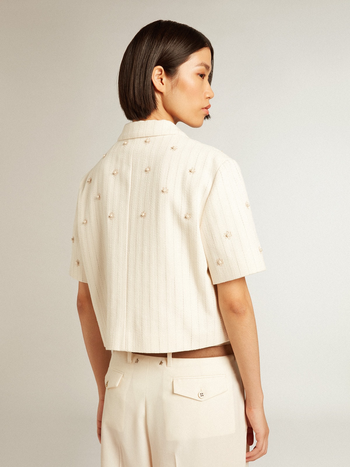 Golden Goose - Aged white jacket in pinstripe cotton with all-over floral embroidery in 