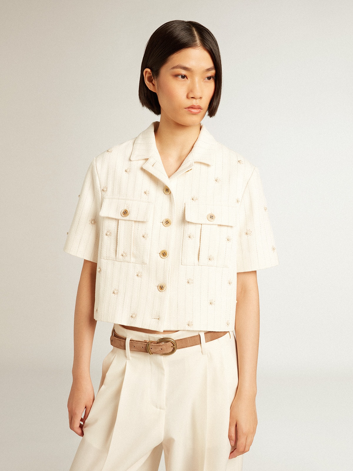 Golden Goose - Aged white jacket in pinstripe cotton with all-over floral embroidery in 