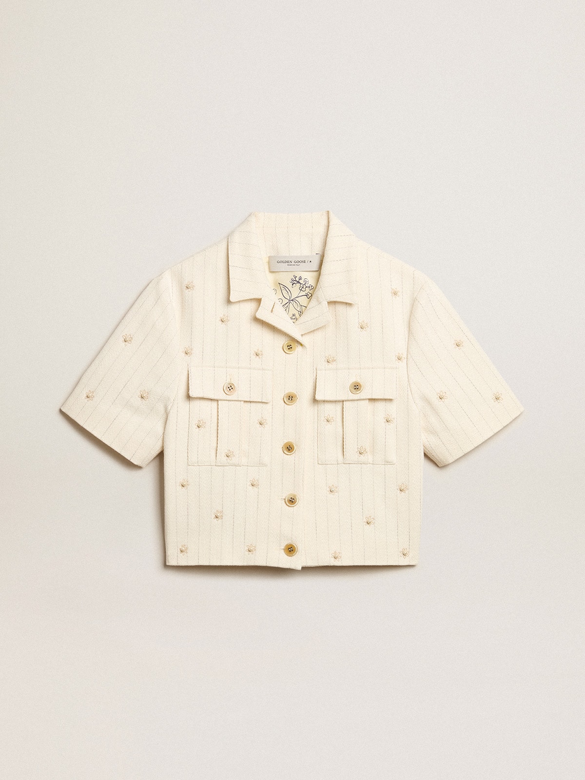 Golden Goose - Aged white jacket in pinstripe cotton with all-over floral embroidery in 