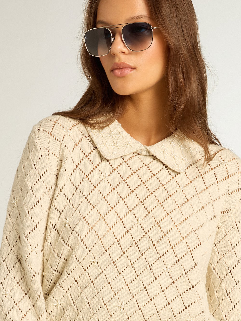 Golden Goose - Panama-colored openwork cotton cropped sweater with pearl embroidery in 
