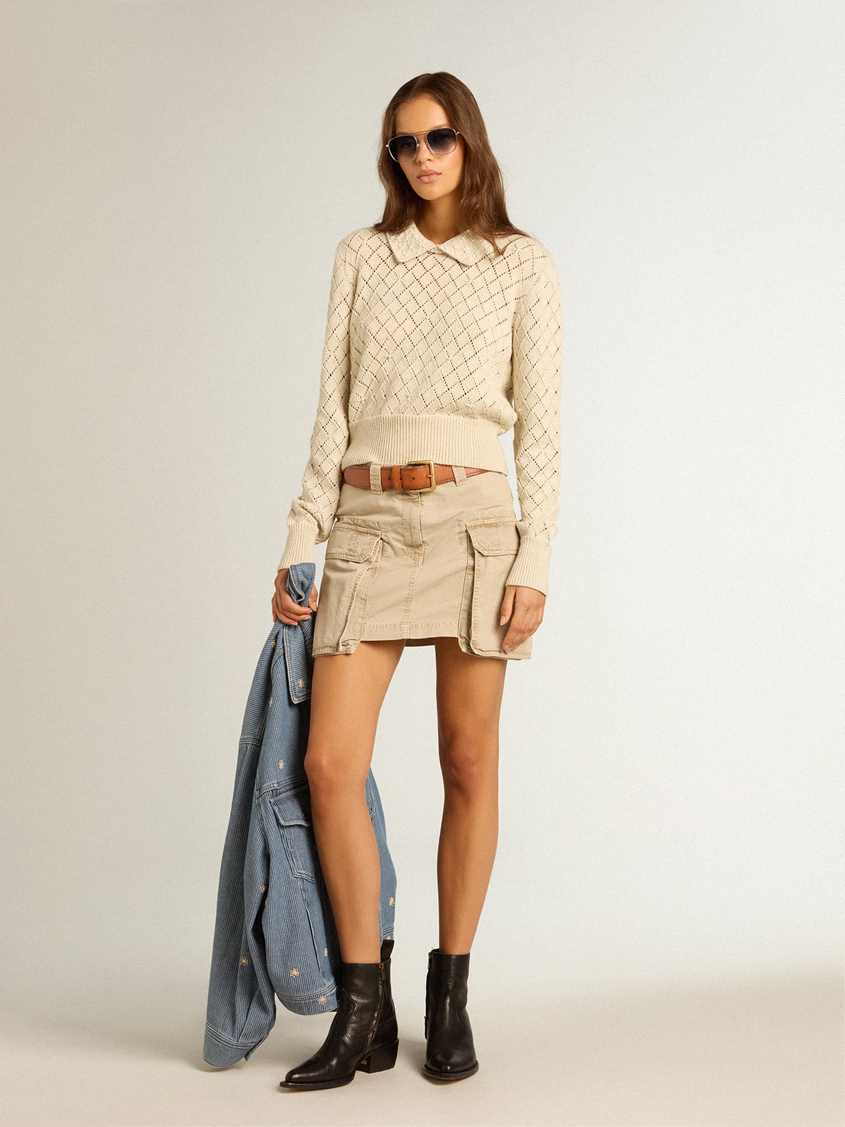 Golden Goose - Panama-colored openwork cotton cropped sweater with pearl embroidery in 