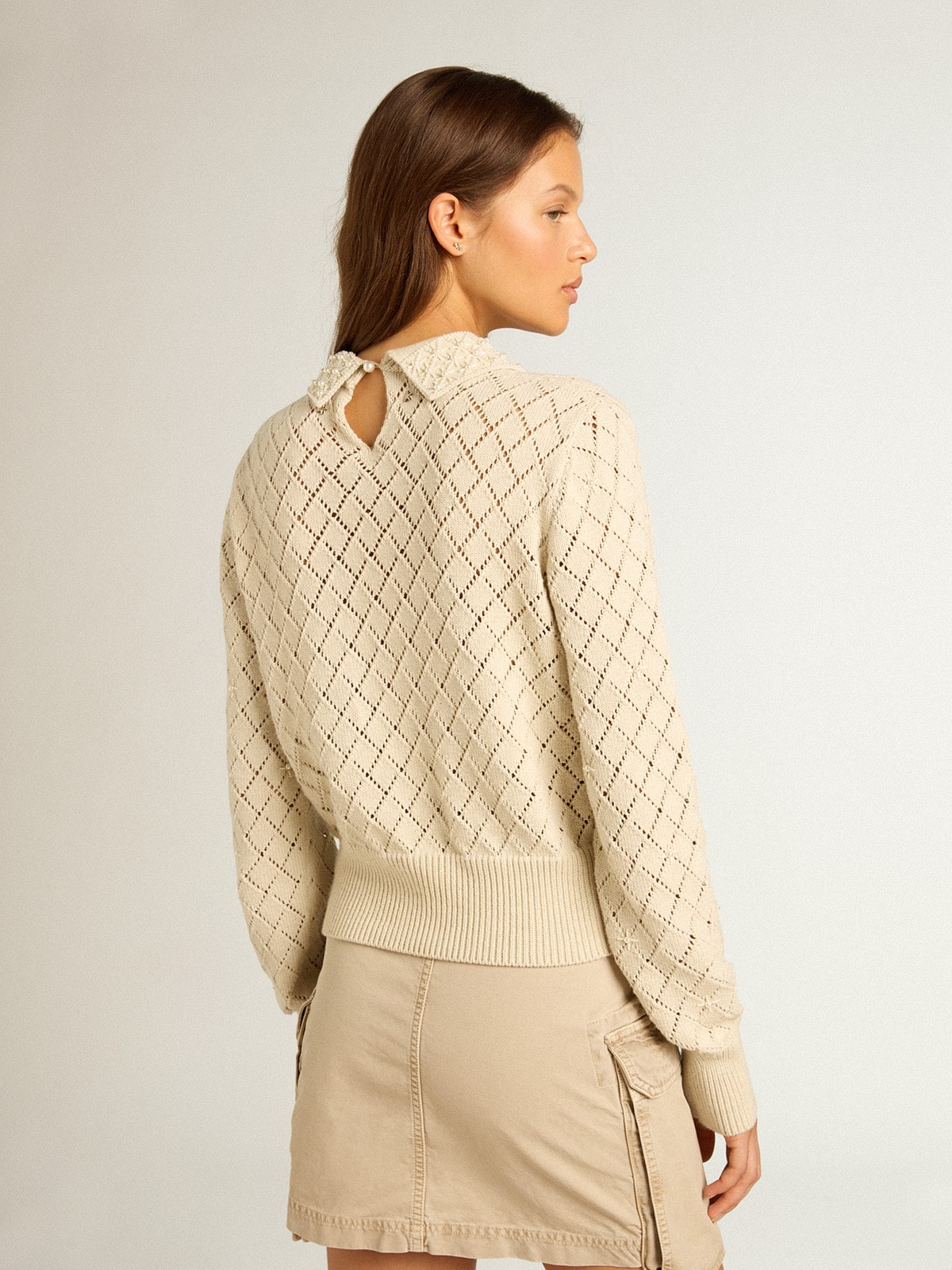 Panama-colored openwork cotton cropped sweater with pearl