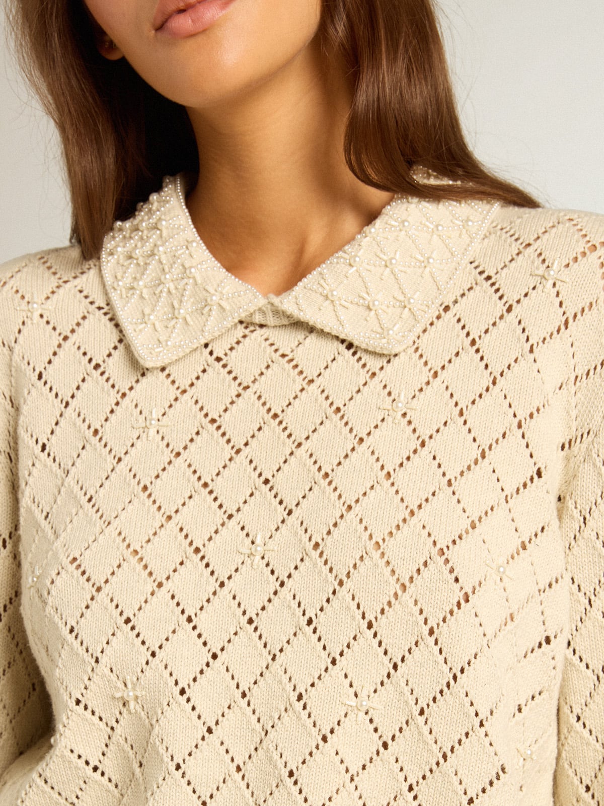 Golden Goose - Panama-colored openwork cotton cropped sweater with pearl embroidery in 