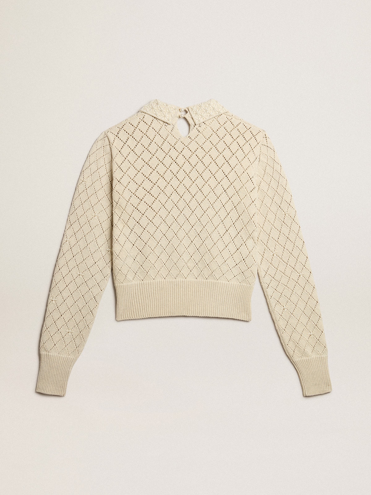 Golden Goose - Panama-colored openwork cotton cropped sweater with pearl embroidery in 