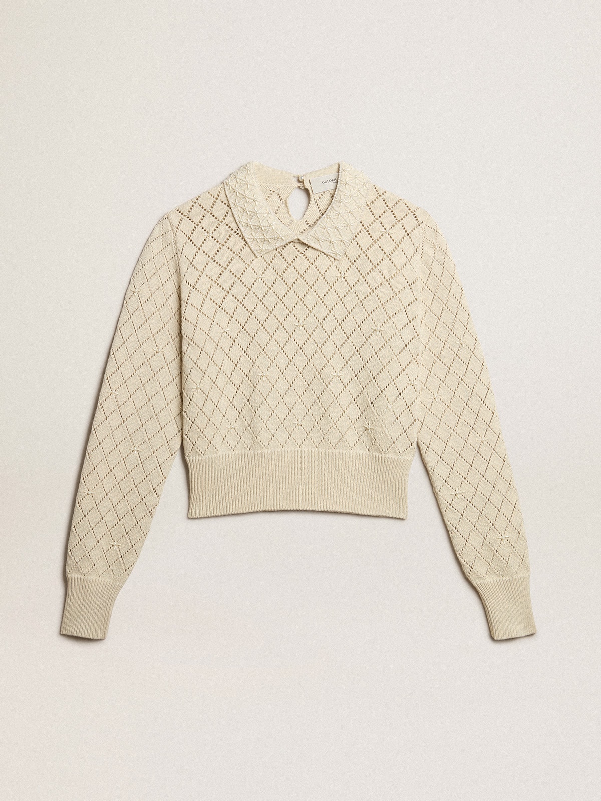 Golden Goose - Panama-colored openwork cotton cropped sweater with pearl embroidery in 