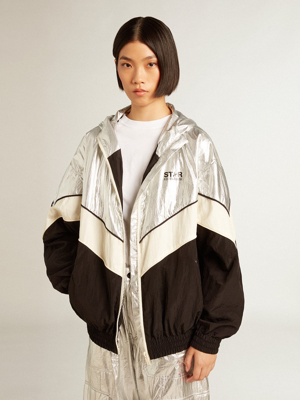 Golden Goose - Women's windcheater in silver and black technical fabric in 