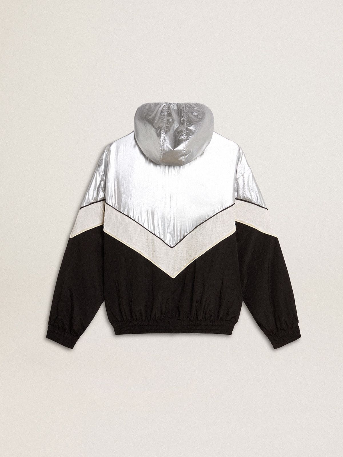 Giacca antivento con zip color argento, bianco e nero