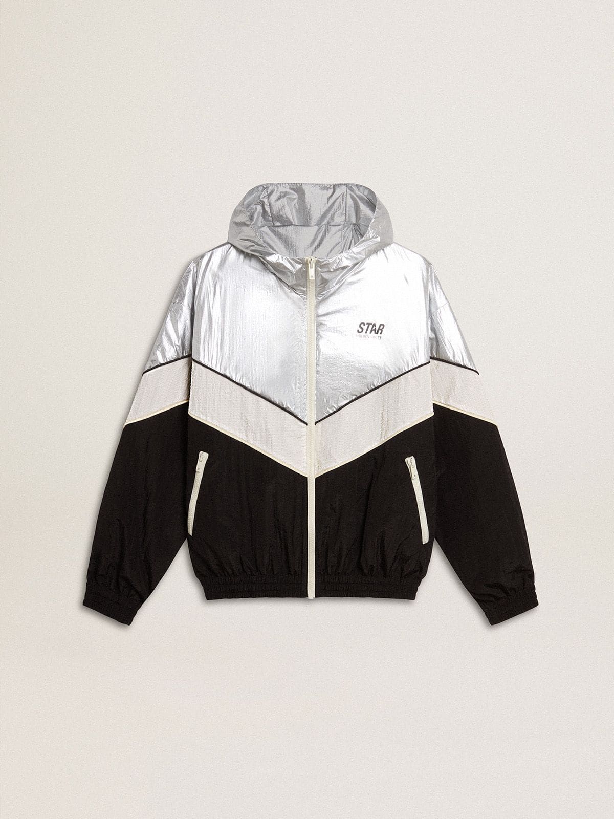 Golden Goose - Giacca antivento con zip color argento, bianco e nero in 