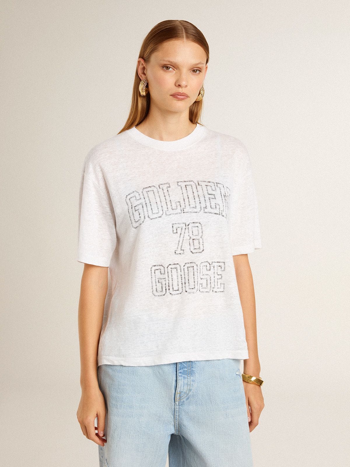 Women's lightweight white linen T-shirt with print | Golden