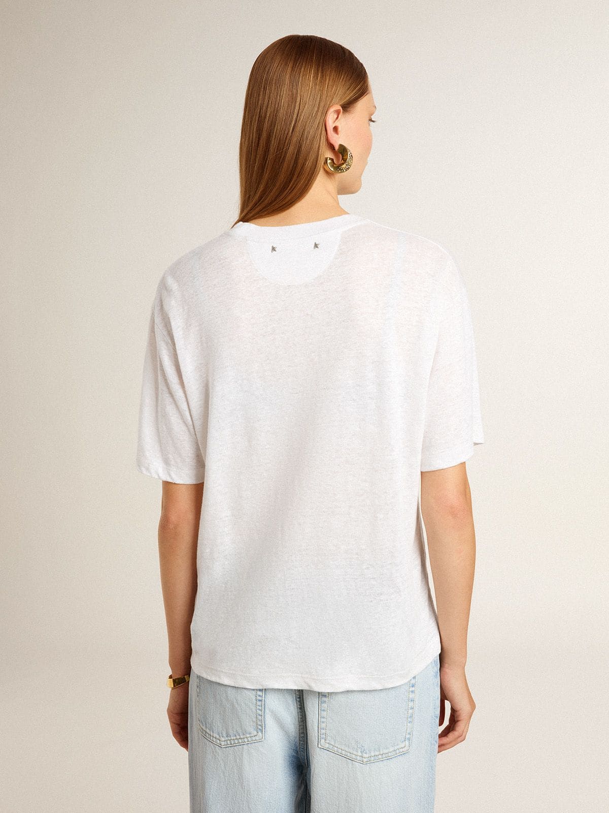 Women's lightweight white linen T-shirt with print | Golden