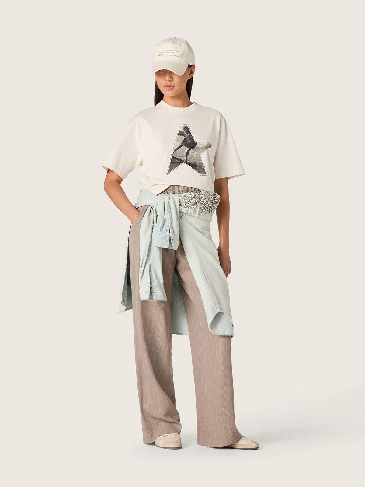 T-shirt da Donna in jersey di cotone bianco con stampa a stella