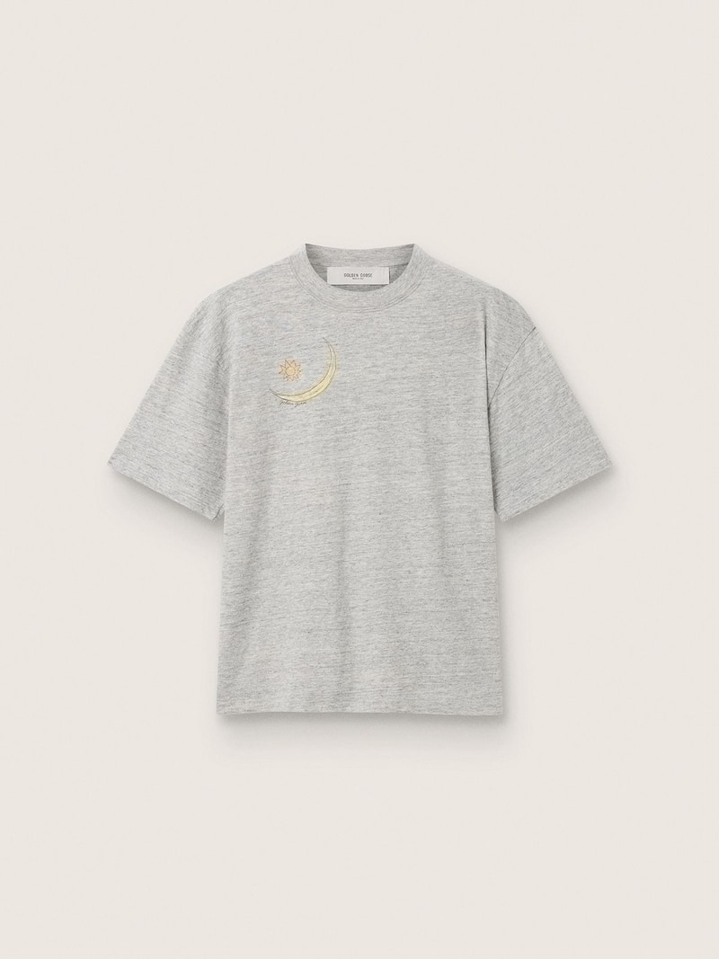 Golden Goose - T-shirt boxy femme en coton gris chin&eacute; avec imprim&eacute; sur le devant in 