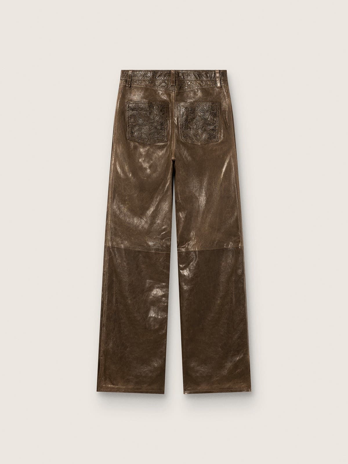 Pantal&oacute;n de mujer de napa encerada color verde oscuro con paneles