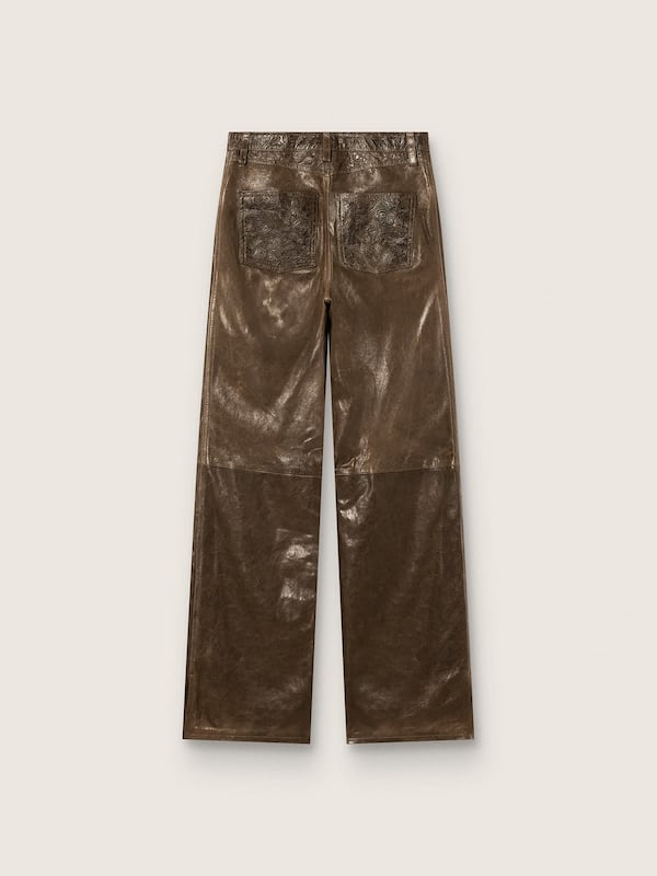 Women's pants in dark green waxed nappa leather with panels