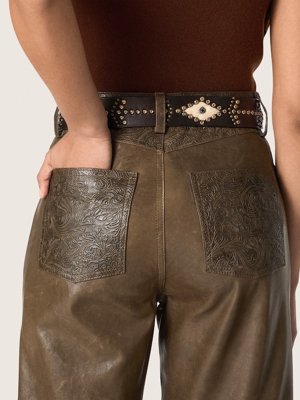 Golden Goose - Pantaloni da donna in nappa cerata color verde scuro a pannelli in 