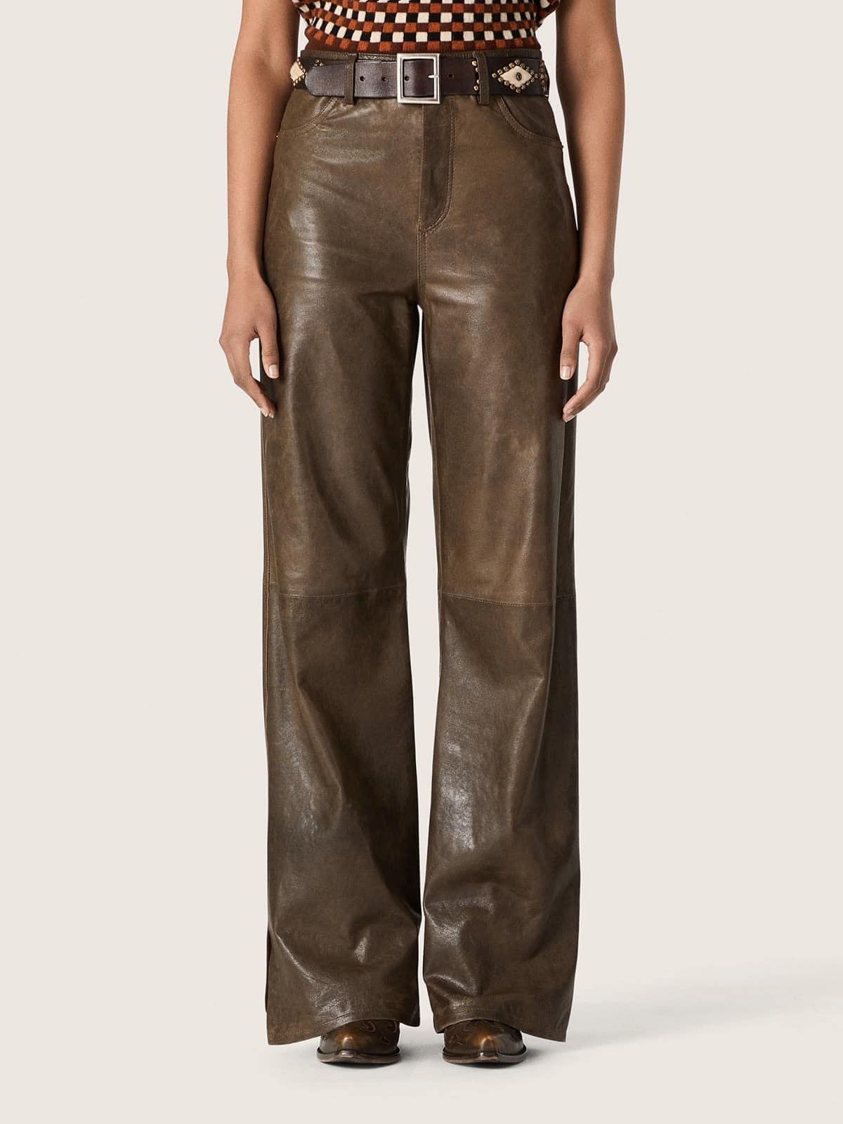 Golden Goose - Dunkelgr&uuml;ne Damenhose aus Panels aus gewachstem Nappaleder in 