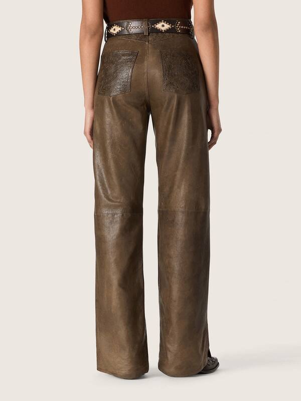 Golden Goose - Pantaloni da donna in nappa cerata color verde scuro a pannelli in 