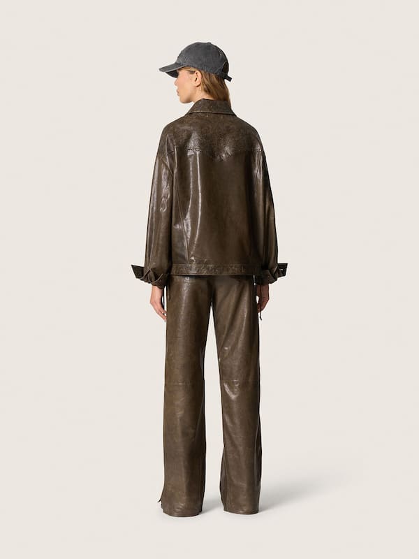 Golden Goose - Pantaloni da donna in nappa cerata color verde scuro a pannelli in 