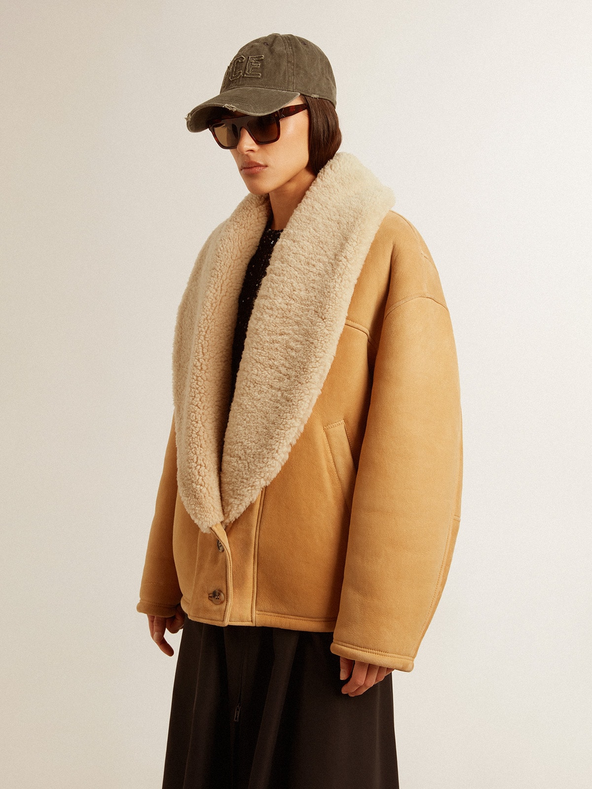 Golden Goose - Women's sheepskin jacket with a wide shearling shawl collar in 