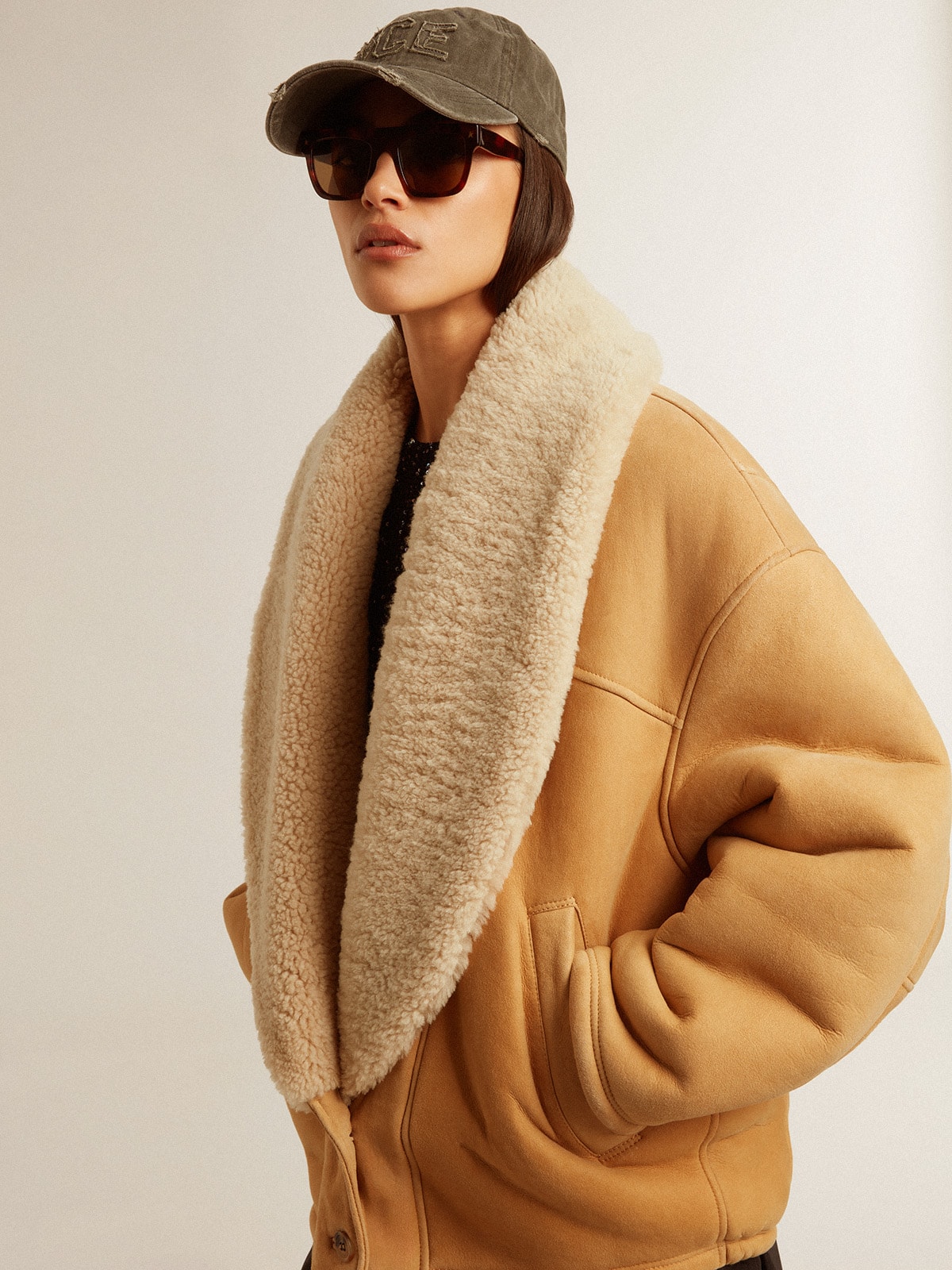 Golden Goose - Women's sheepskin jacket with a wide shearling shawl collar in 