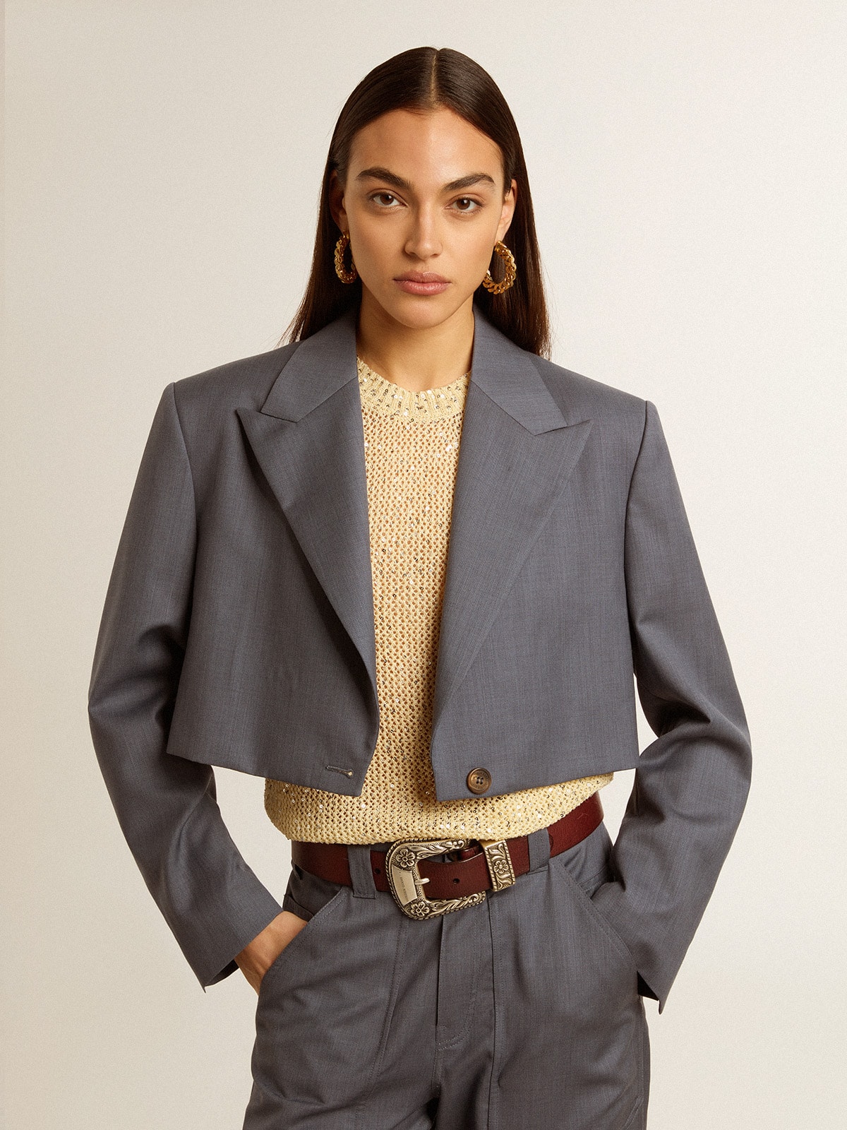 Golden Goose - Women's single-breasted cropped jacket in baby blue wool in 