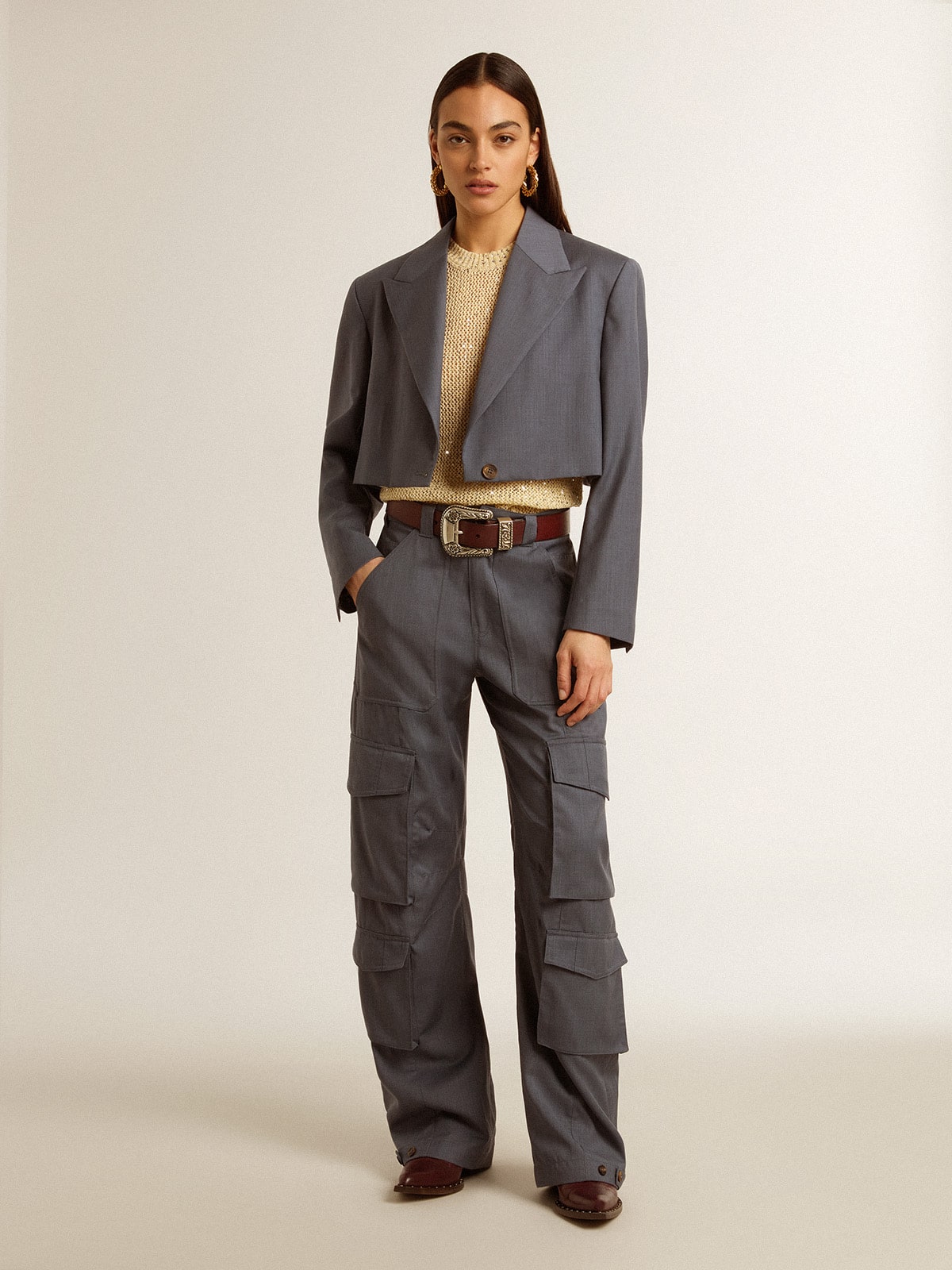 Golden Goose - Women's single-breasted cropped jacket in baby blue wool in 