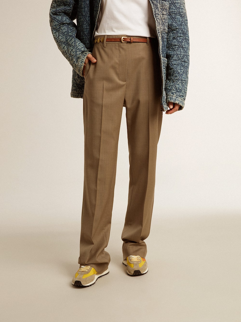 Golden Goose - Pantalone da donna in tessuto sartoriale di lana di colore tortora in 