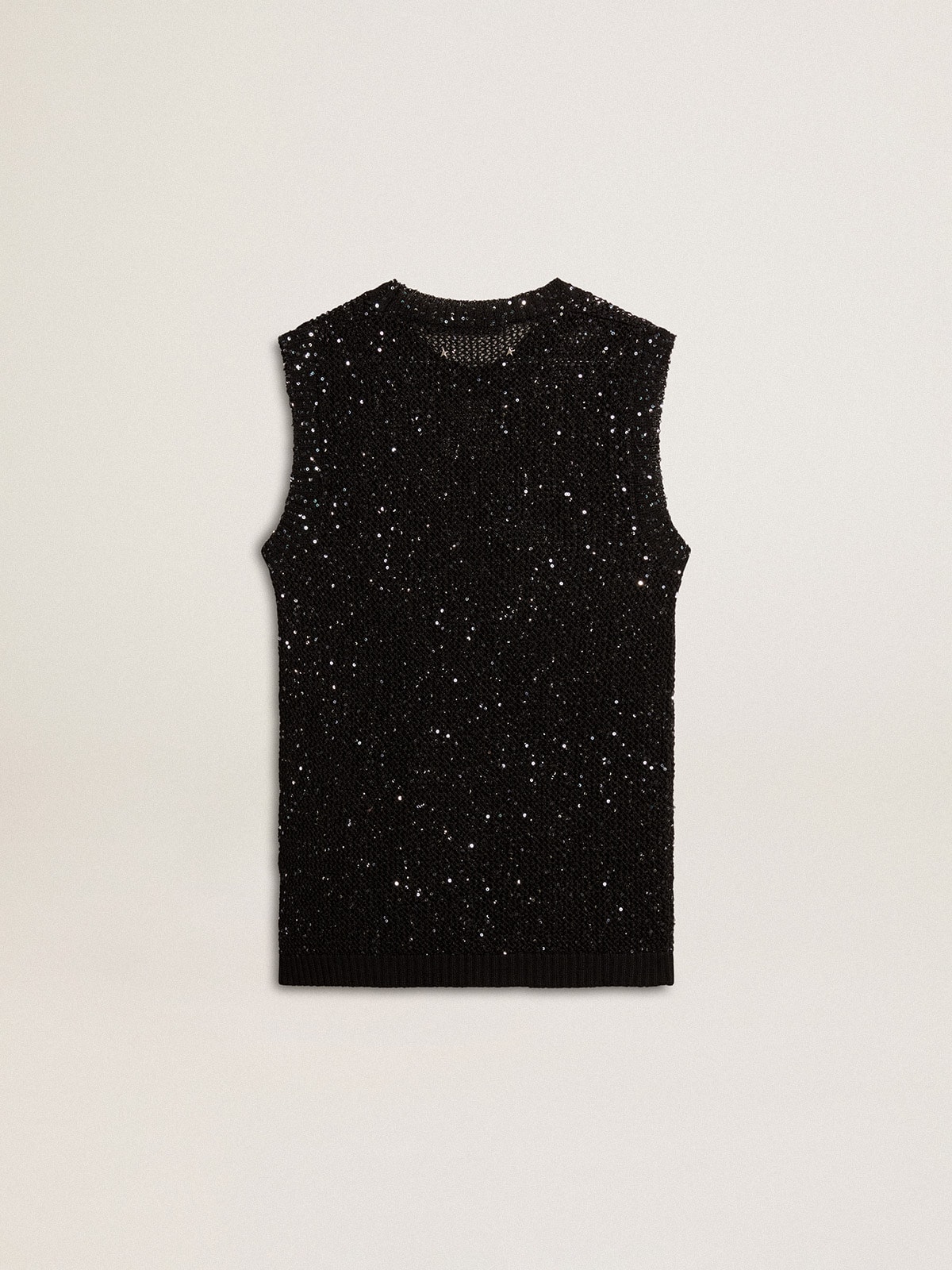 Top in maglia a rete nero con paillettes e dettagli a contrasto